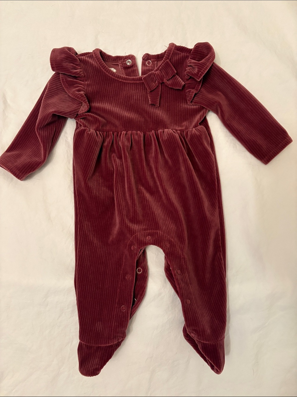 Mud Pie Maroon Corduroy Baby Footed Romper with Ruffle Trim